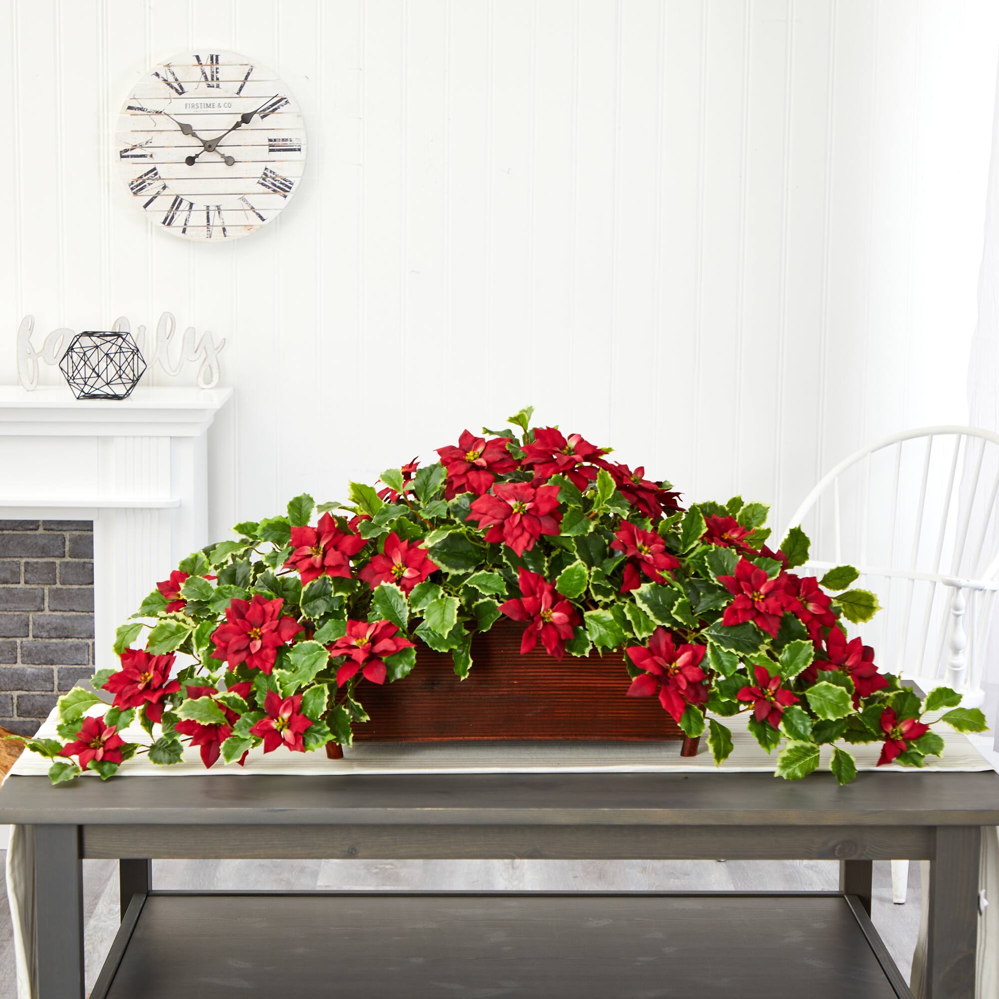 51” Red Poinsettia & Variegated Holly Artificial Plant in Decorative Planter